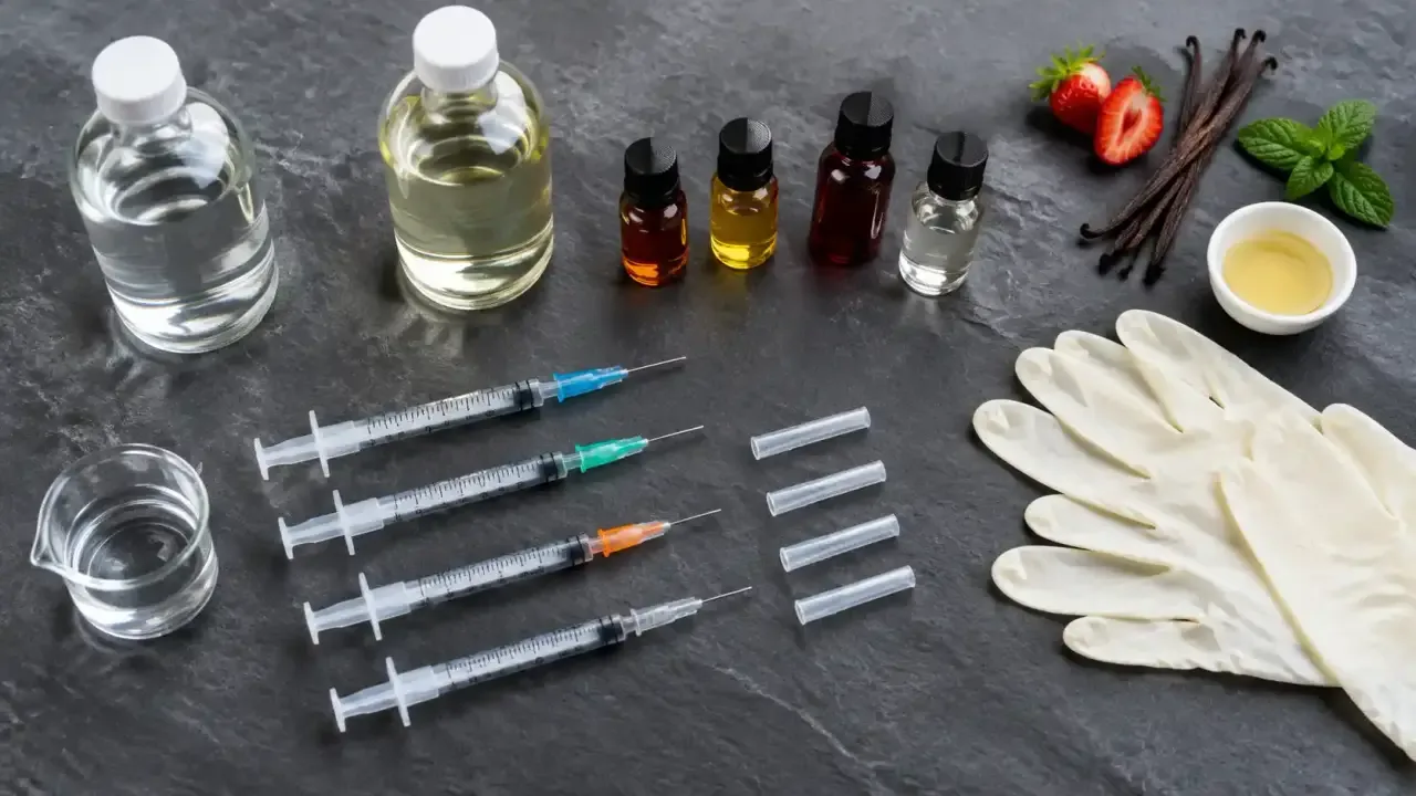 Seringues graduées, flacons de base et gants posés sur un plan de travail en ardoise